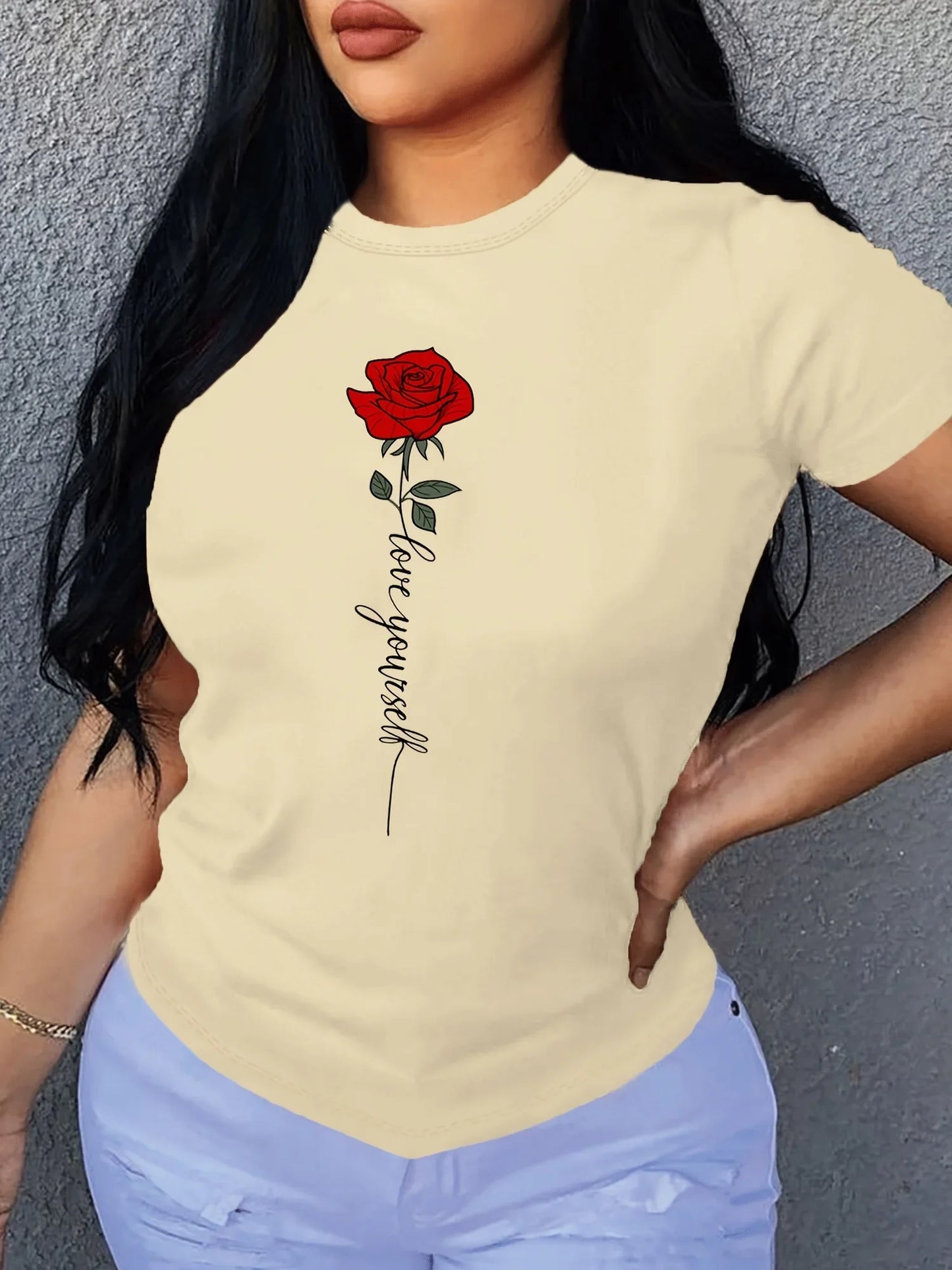 Letter & Rose Print T-Shirt Crew