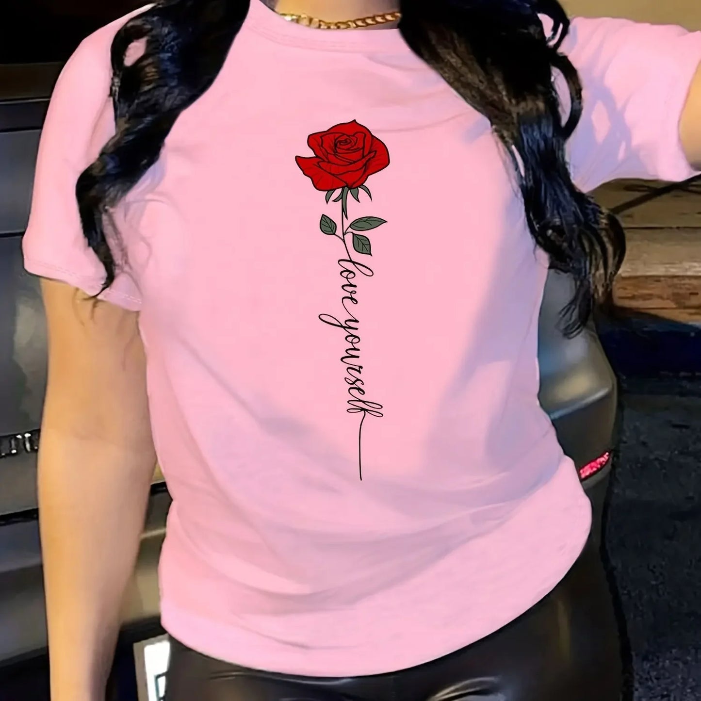 Letter & Rose Print T-Shirt Crew