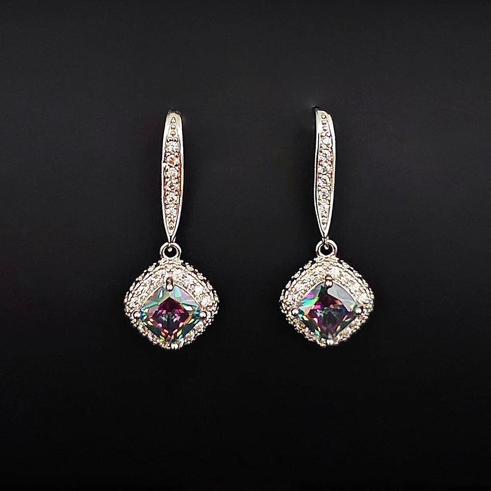 2024 New Luxury Cushion Green Multi Silver Color Korean Earrings for Women Anniversary Gift Jewelry Wholesale E6761b