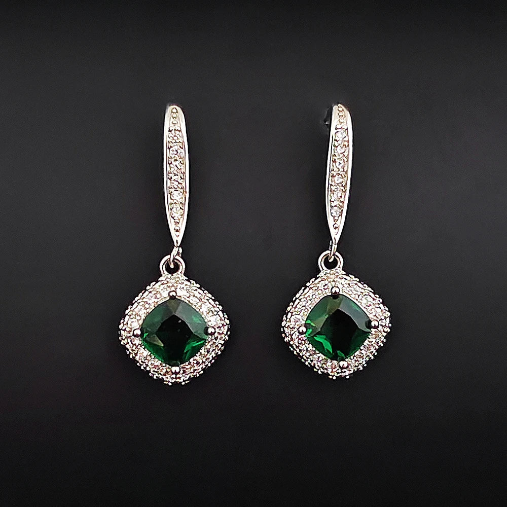 2024 New Luxury Cushion Green Multi Silver Color Korean Earrings for Women Anniversary Gift Jewelry Wholesale E6761b