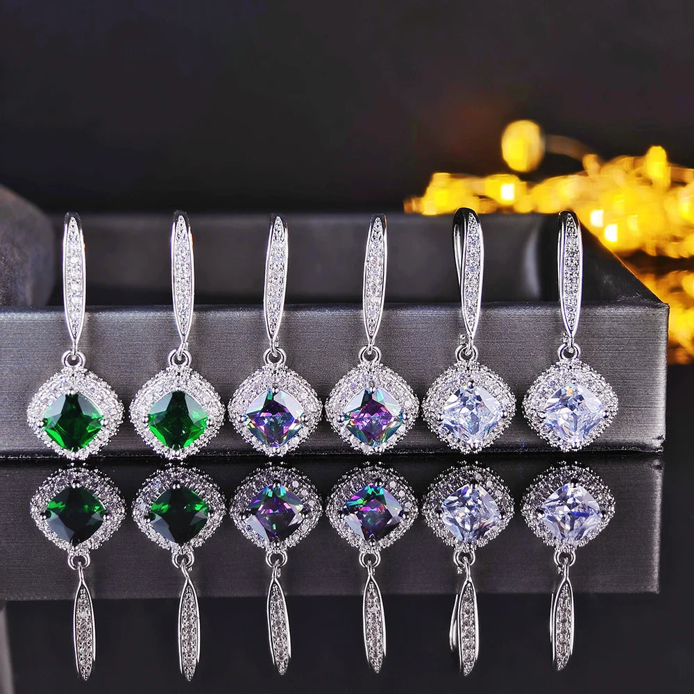 2024 New Luxury Cushion Green Multi Silver Color Korean Earrings for Women Anniversary Gift Jewelry Wholesale E6761b