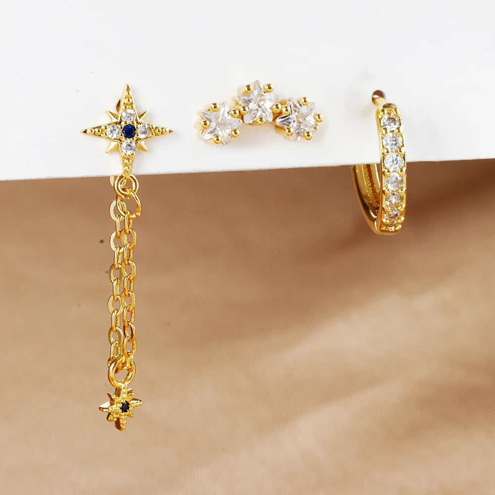 3 Piece Luxury Star Pendant Piercing Earrings Set For Women