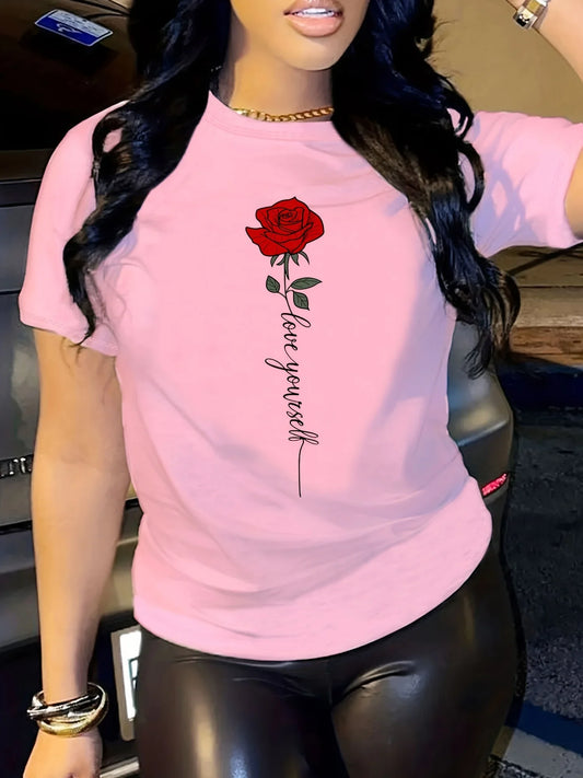 Letter & Rose Print T-Shirt Crew