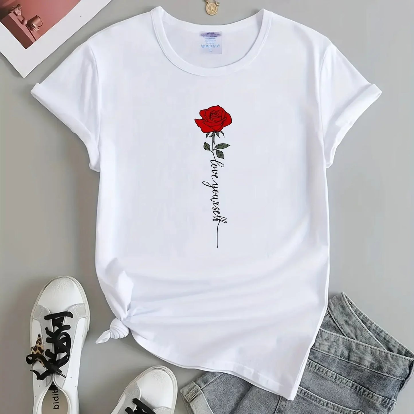Letter & Rose Print T-Shirt Crew